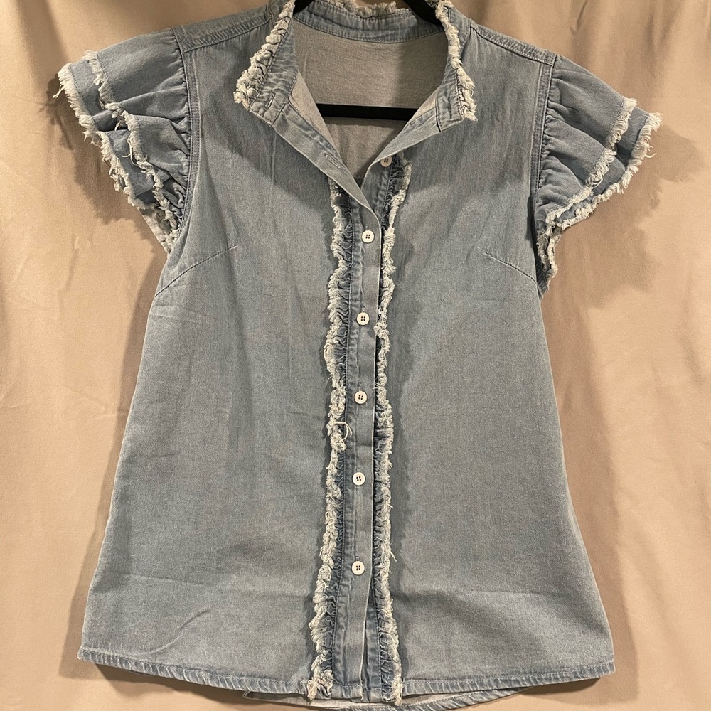 Ladies Denim Ruffle Shirt